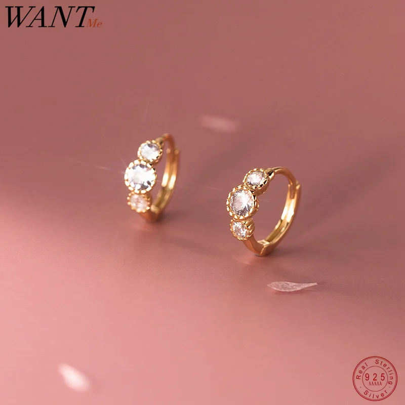 

WANTME 925 Sterling Silver Simple Circle Huggies Hoop Earrings for Women Fashion Gold Shiny Zircon Piercing Jewelry Accessories