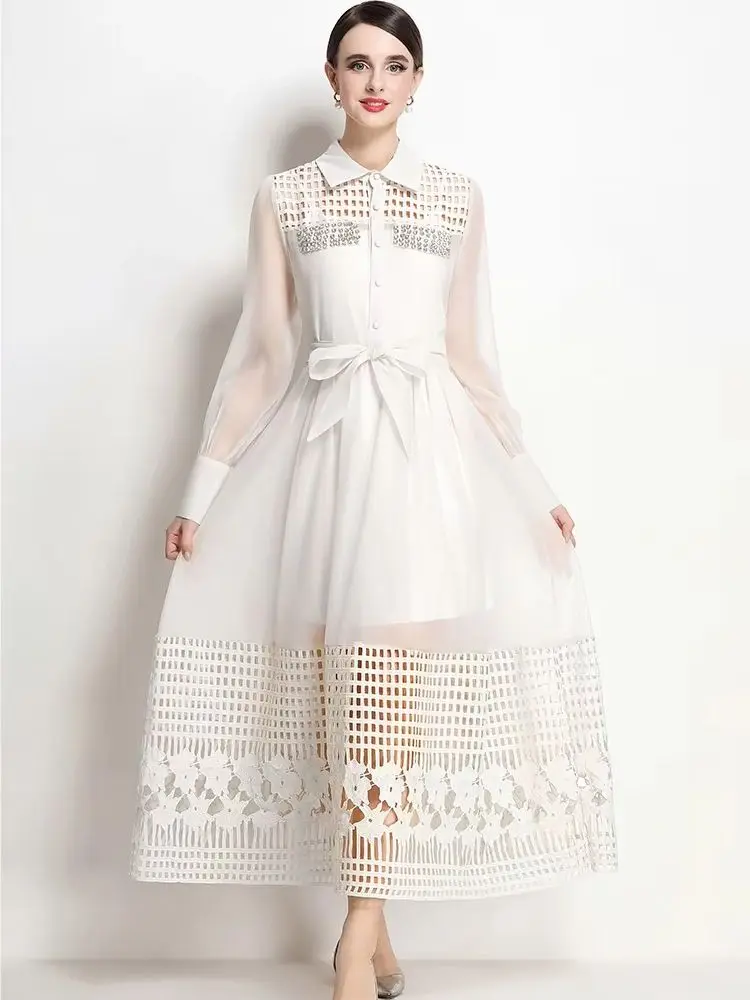 

Women's Maxi Shirt Dress Hollow out Beaded Chiffon with Lapel Lantern Sleeves Lace up Long Robe for Holiday Party