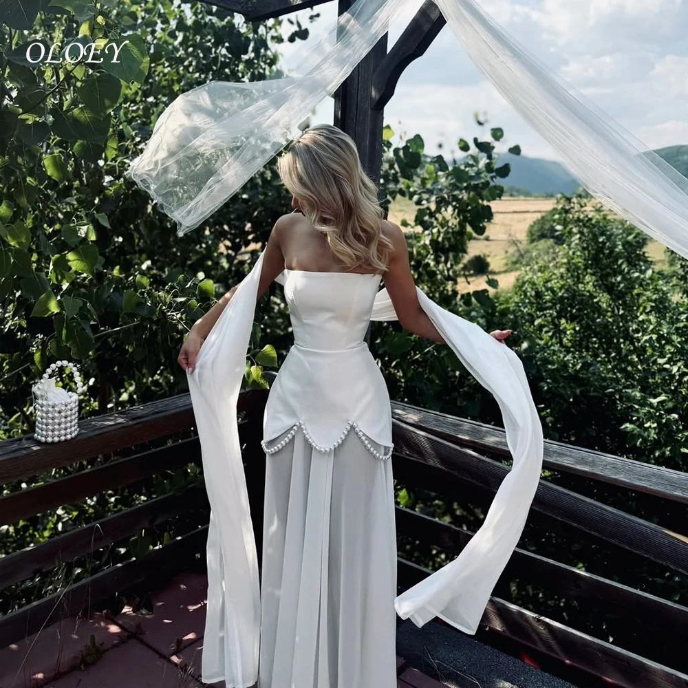 OLOEY ใหม่ Elegant สีขาว Strapless 2 ชิ้นงานแต่งงานชุดไข่มุกผ้าคลุมไหล่แขนกุดความยาวชั้นชีฟองชุดราตรี Customsied