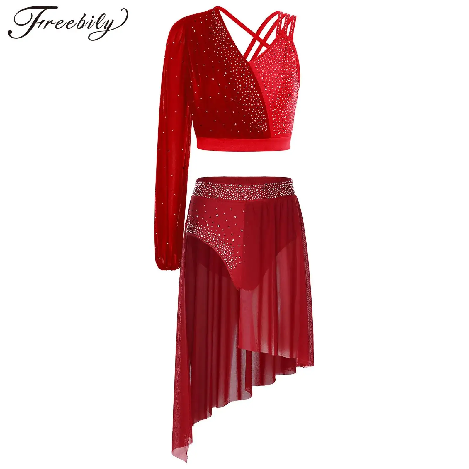 

Женский блестящий лирический танцевальный наряд со стразами, укороченный топ с юбкой, современный танцевальный костюм для латинского ча-ча, танго, танцевальная одежда для фигурного катания