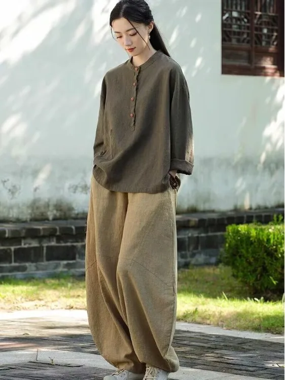

Women's Cotton Linen irt 2025 Spring Autumn Sle Traditional Chinese Retro Zen Tai Chi Tea Clothing Long Sve Stand Collar