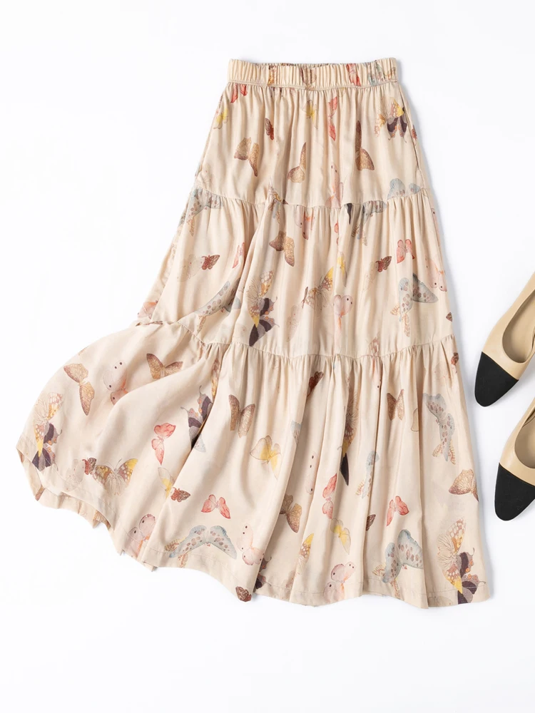 2.7-meter Large Hem 70% Natural Mulberry Silk 30% Cotton A-line Women's Casual Elastic Waist Printed Beach Skirt
