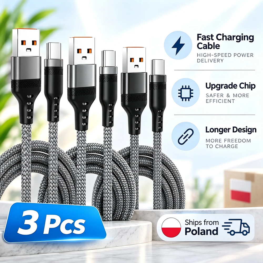 3 szt. Kabel USB Typ C 5A do super szybkiego ładowania PD dla iPhone 17/16 Huawei Samsung Xiaomi OnePlus Uniwersalny Przedłużacz Pełnozasięgowy