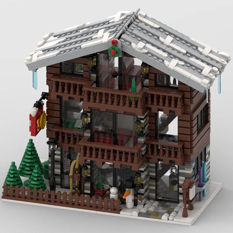 MOC Winter Village Swiss Restaurant and Hotel Building Blocks City Architecture MOC-91029 Idea Set Bricks Toys Xmas Gift