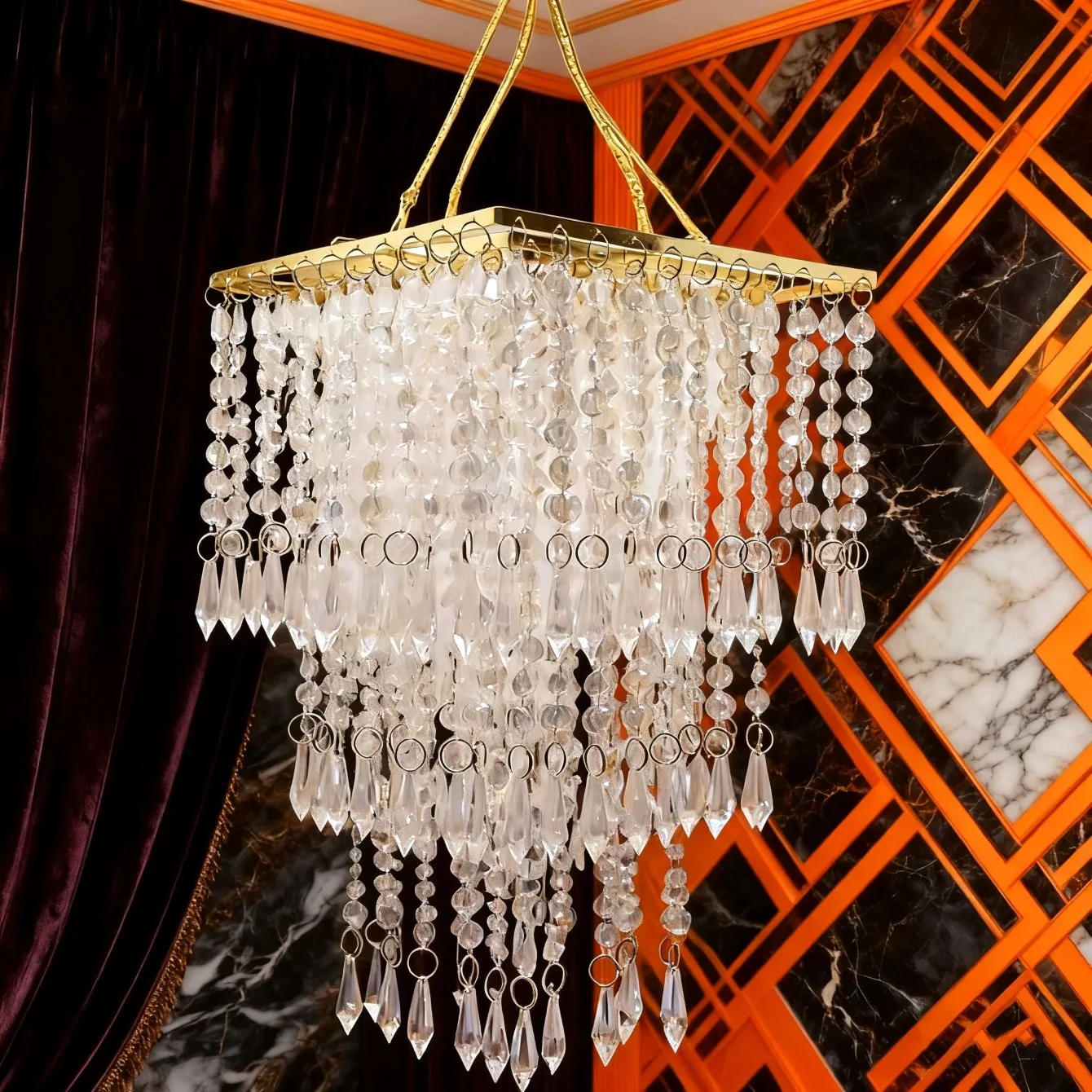 30CM Fashion Golden Square Acrylic Crystal Beaded Chandelier Energy Saving Home Interior Ceiling Mount Pendant Hanging Lamp Dini
