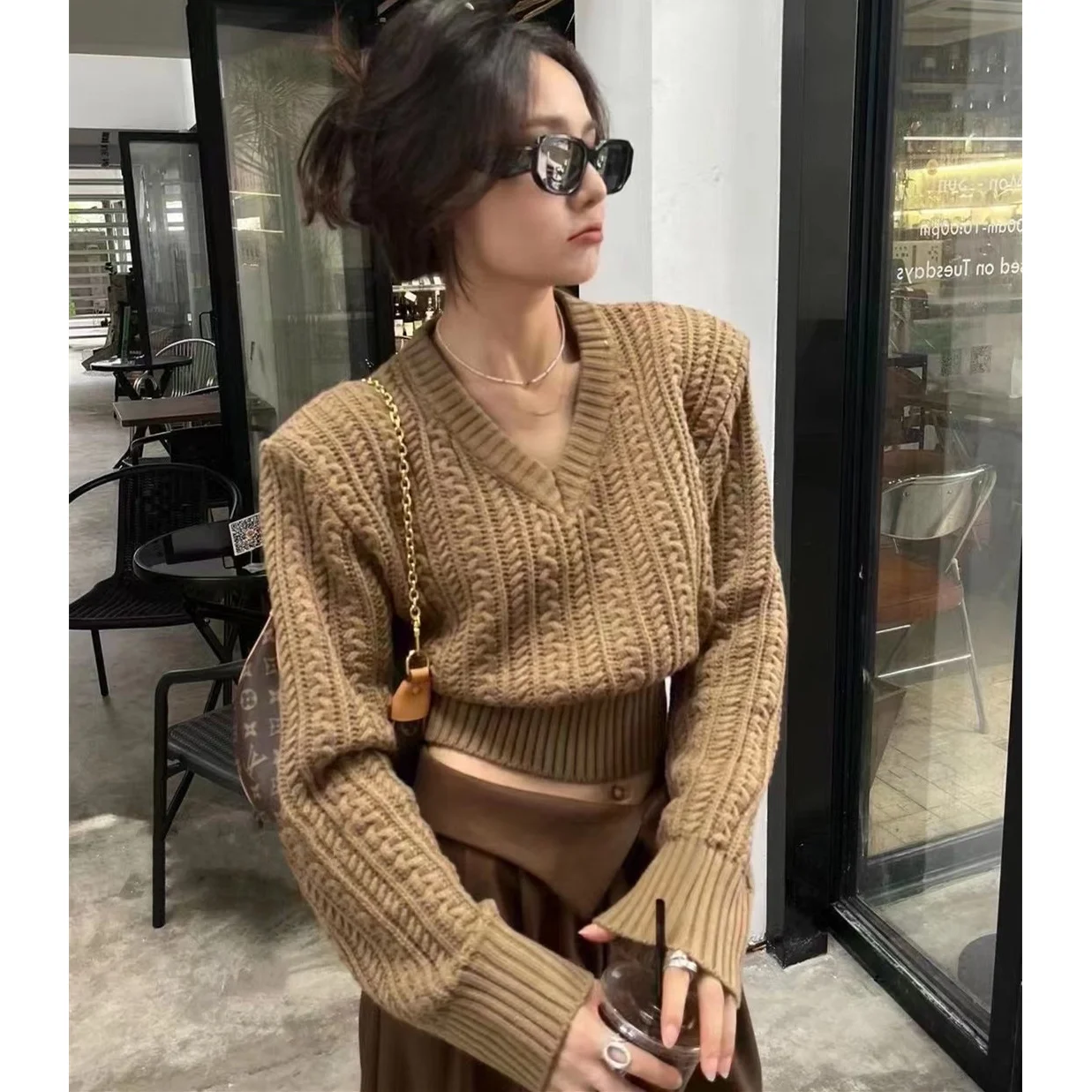 High Waist Thread Pullover Sweater V-neck Waist Closing Short Fried Dough Twists Knitwear Women's Fashionable Thin Top