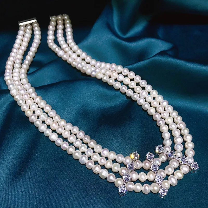 3rows freshwater pearl white near round 5-6mm ZIRCON necklace