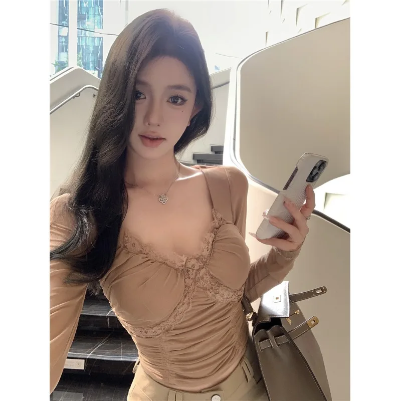 Pure Desire Sexy Low Cut V Neck Fishbone Top Women's Autumn Winter Body Shape Show Lace Base Shirt Inner Wear Long Sleeve Sli...