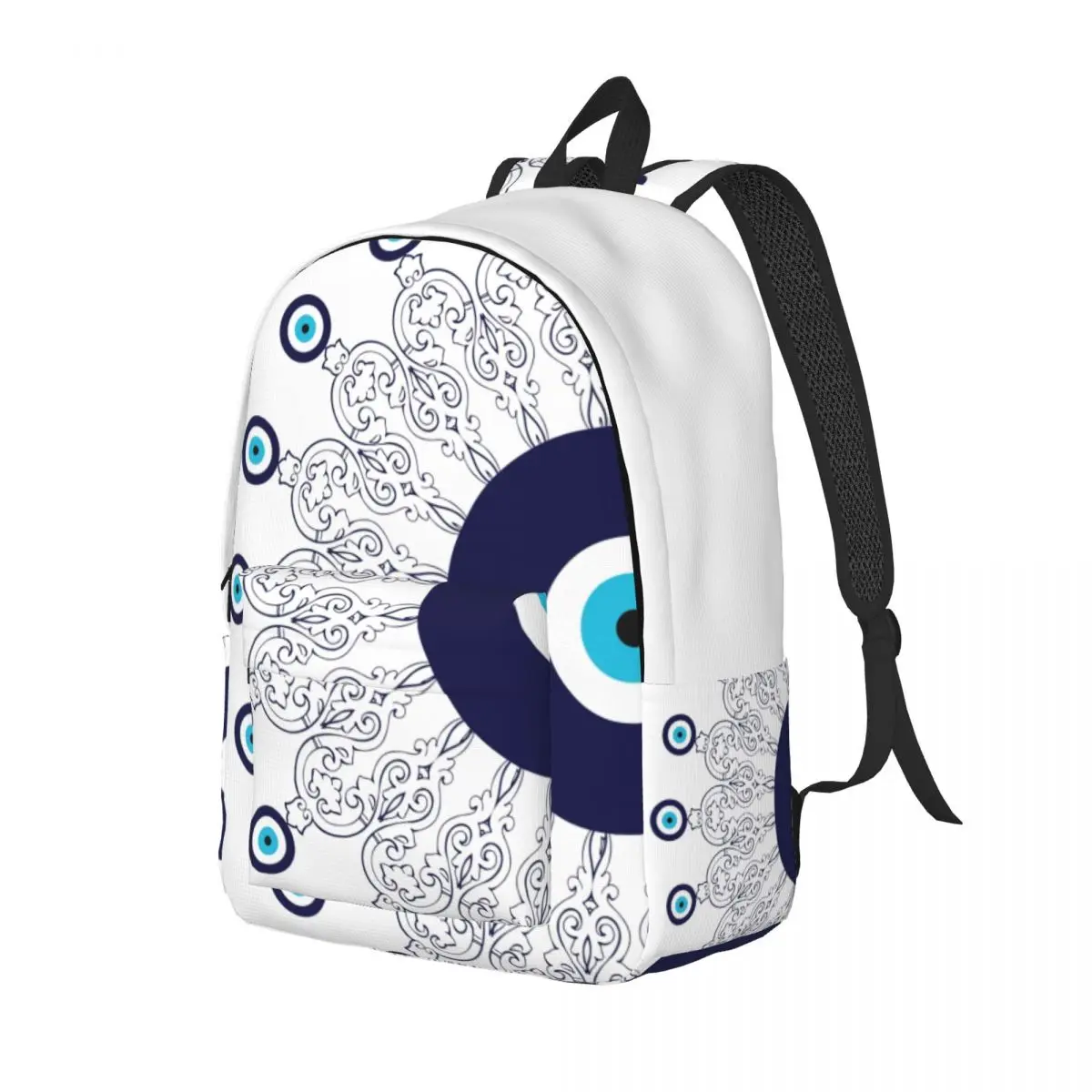 Navy Blue White Mediterranean Evil Eye Mandala Canvas Backpack Water Resistant College School Bohemian Boho Bag Print Bookbags