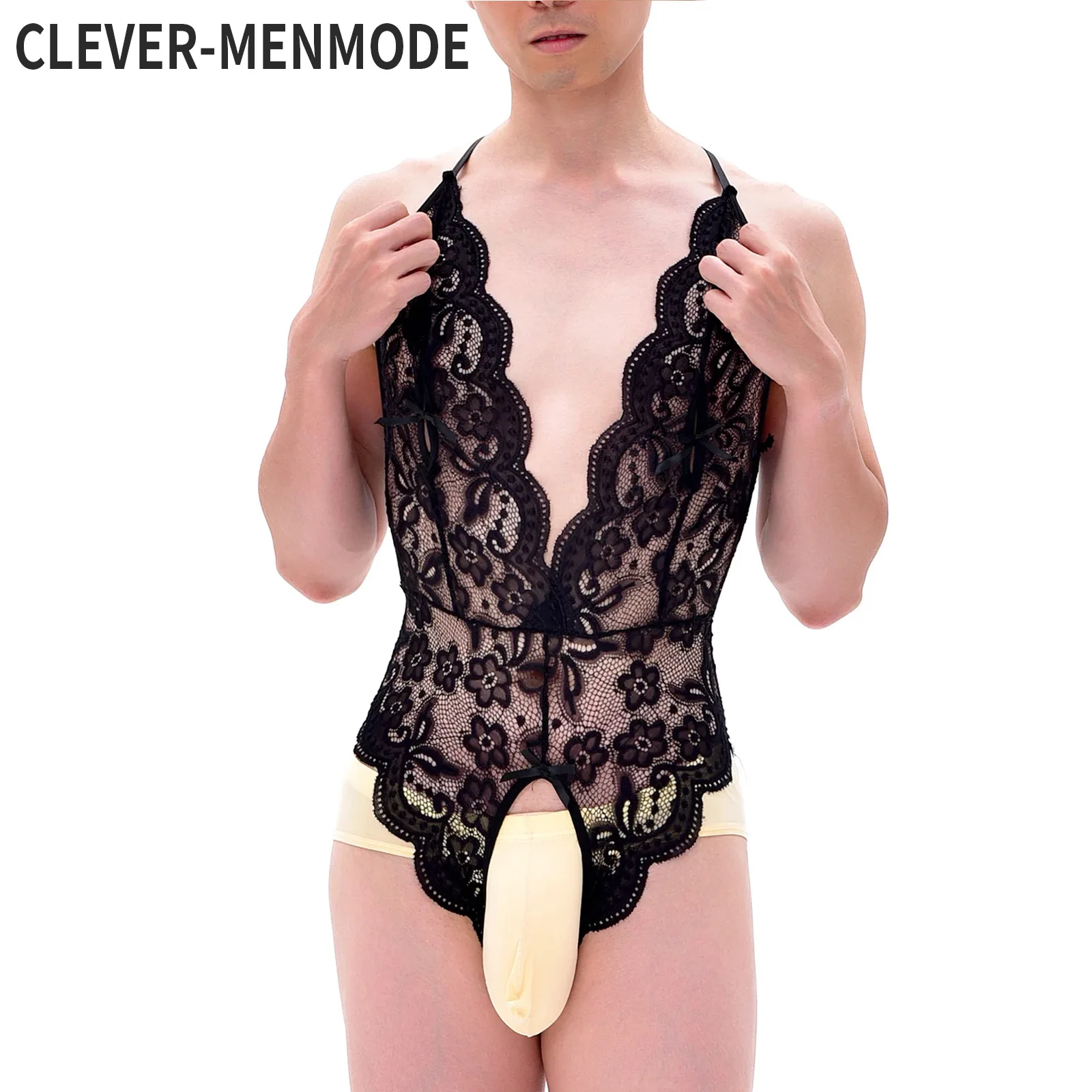 CLEVER-MENMODE Men Bodysuit One Pieces Thongs Sexy Leotard Lace Crossdress Transparent Sissy Open Penis Pouch Lingerie Underwear