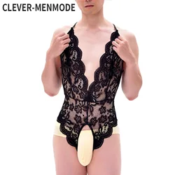 CLEVER-MENMODE Men Bodysuit One Pieces Thongs Sexy Leotard Lace Crossdress Transparent Sissy Open Penis Pouch Lingerie Underwear