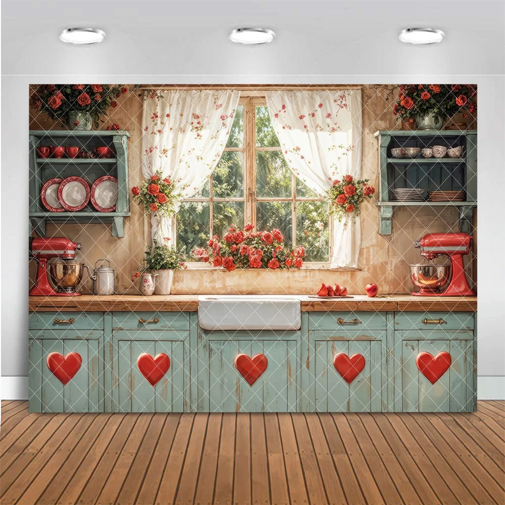 Rustic Valentine's Day Kitchen Window Backgrounds Family Adult Photography Banner Kitchenware Backdrop Spring Flower