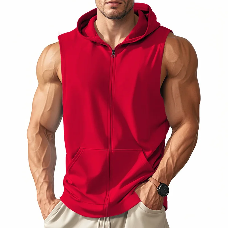 American Summer Neue Kapuzenweste für Herren, Sport, Fitness, Training, Reißverschluss, Strickjacke, ärmellose Weste – Detail 3