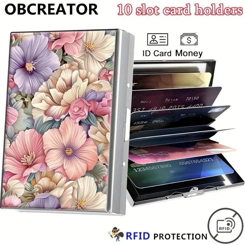OBCREATOR floral design metal security card holder with RFID protection, elegant feminine design and fashion accessory