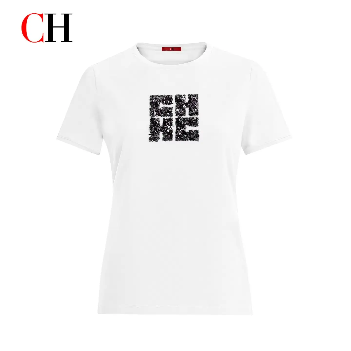 

CH Women's Cotton Crew Neck T Shirt With Repeated CH Logo Print Short Sleeve Top For Everyday Casual And Office Use
