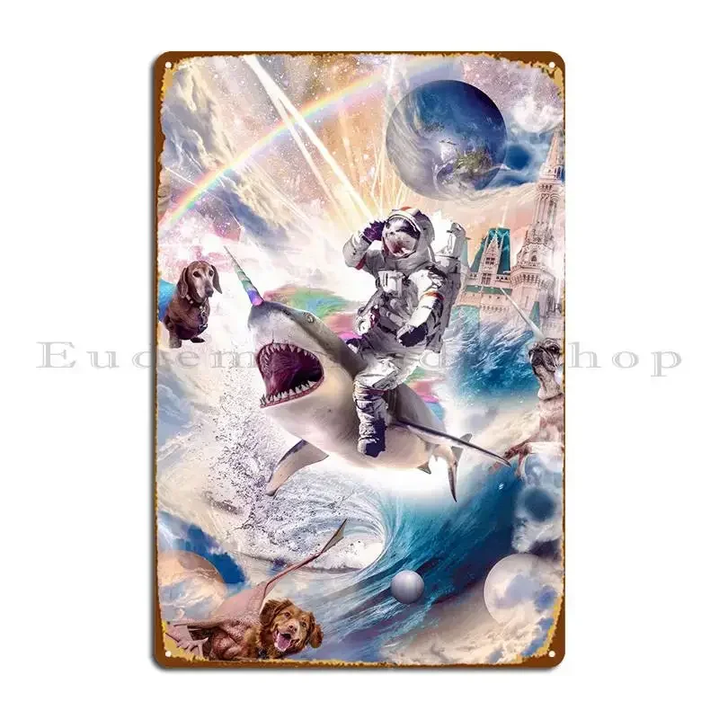 Astronaut Cat Riding Shark Metal Sign Pub Club Custom Print Garage Plaques Tin Sign Poster