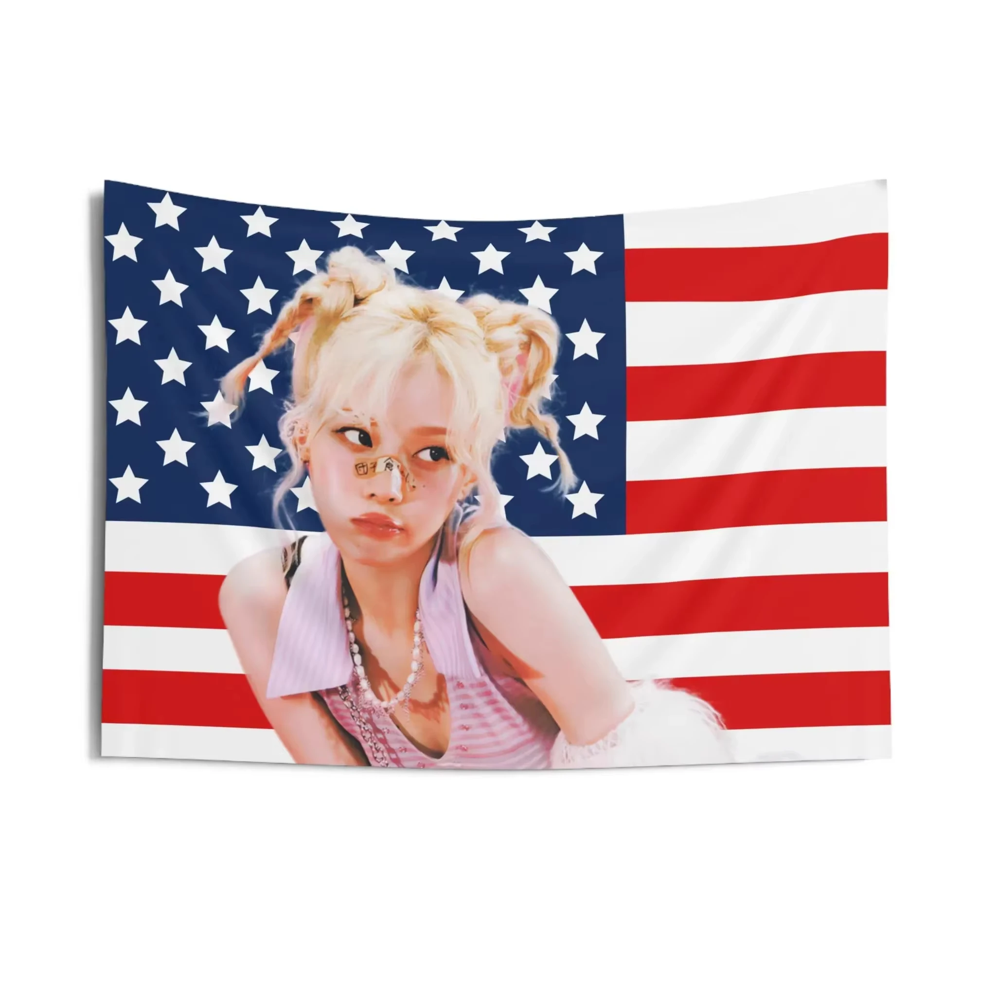 Aespa Giselle Curly Hair American Flag Printed Tapestry Kpop Concert Banner Wall Hanging for Bedroom Party Decor