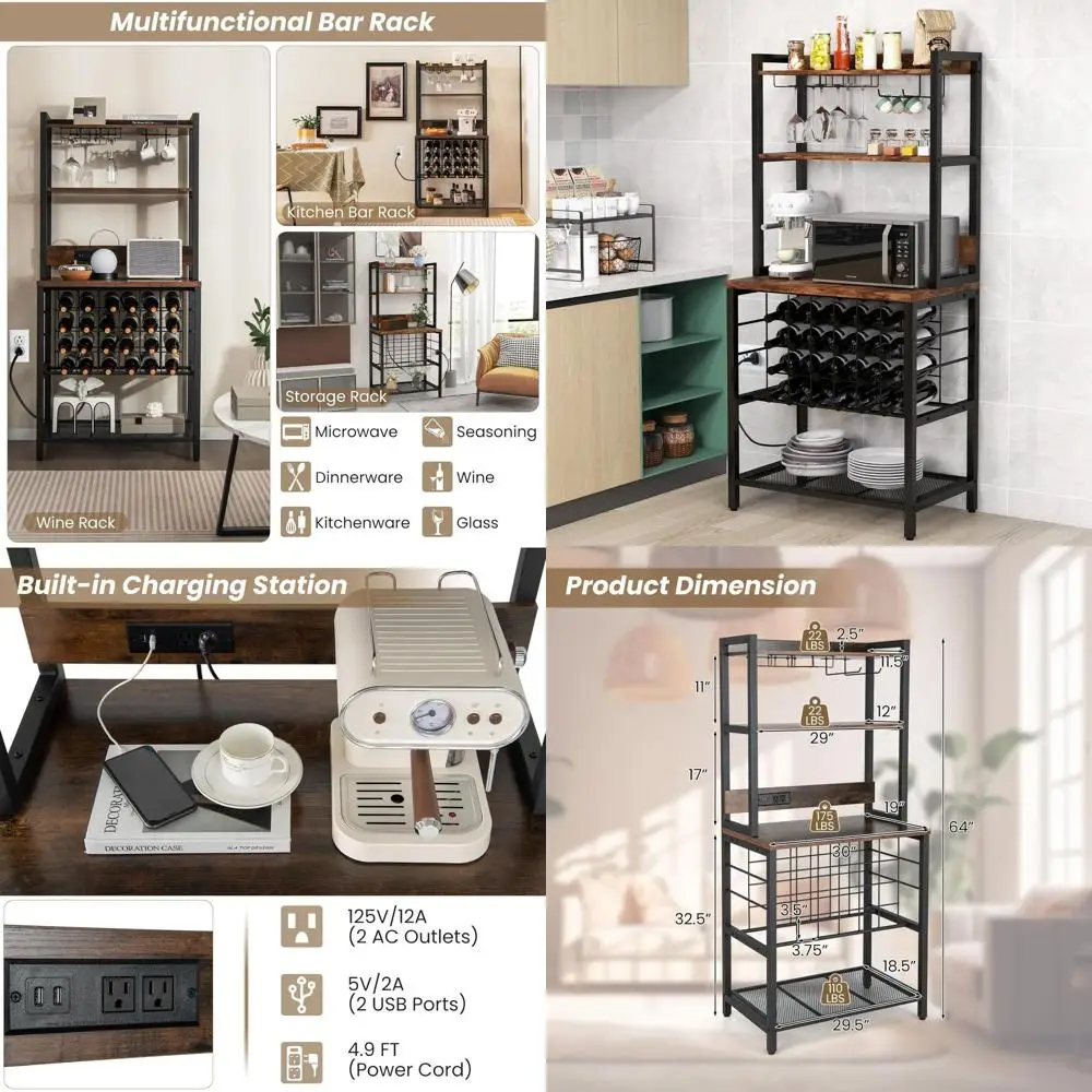 

4-Tier Microwave Stand with Storage Hutch, Power Outlet, USB Port, Wine Rack & Glass Holder, 24-Bottle Capacity