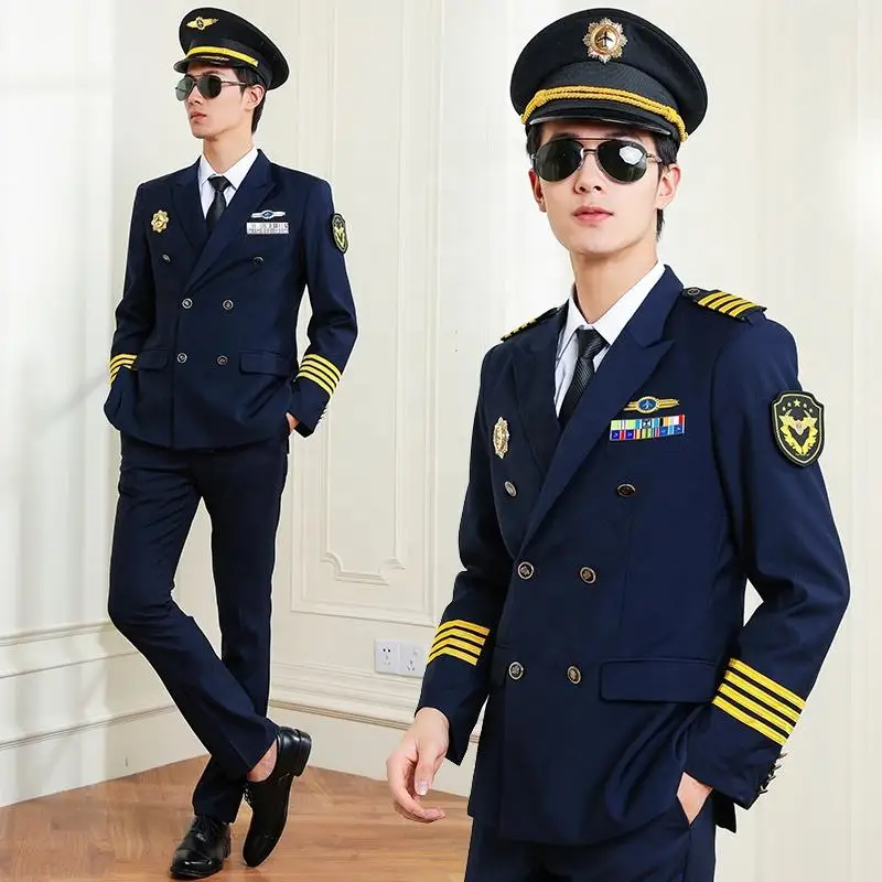 

Airline Officer Captain Uniform Hat Jacket Pants Accessories Turn Down Collar Aviation Pilot Navy Blue Double Breasted Work Wear