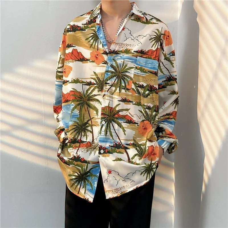 Hawaiian Beach Shirts Harajuku Vintage Versatile Coconut Print Long Sleeve Aloha Party Holiday Shirt Men Casual Button Down Tops