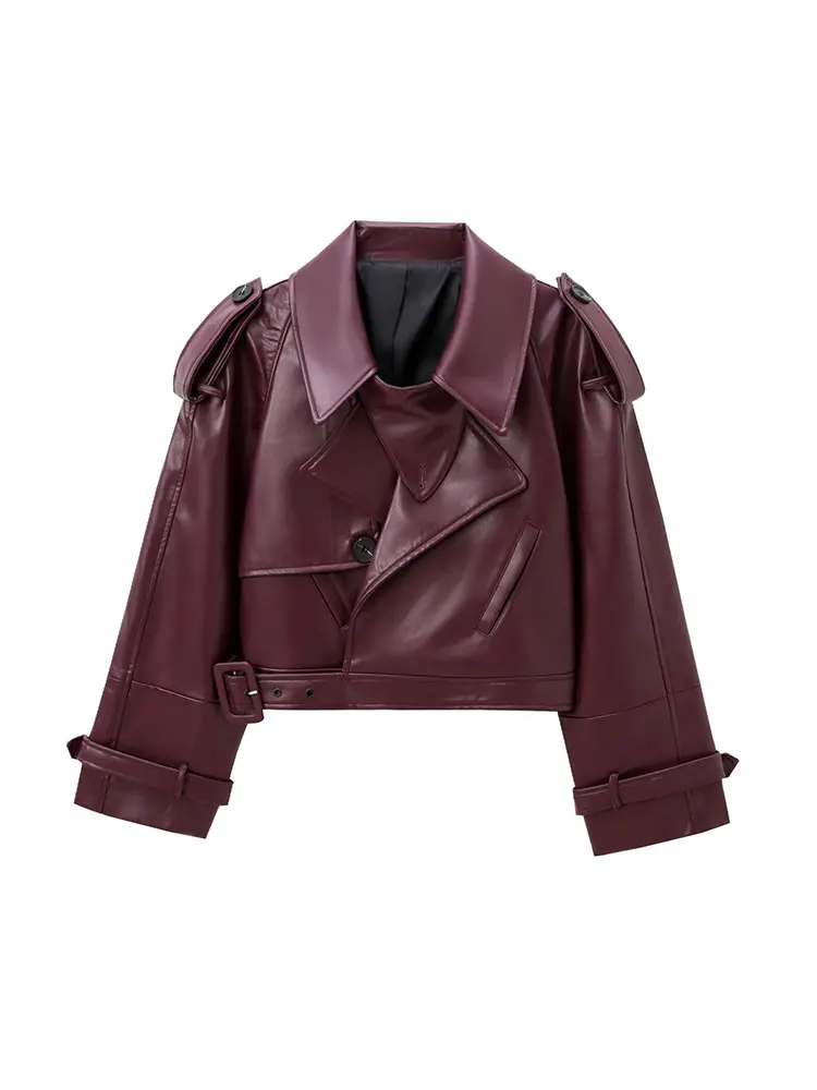 TRAF 2024 Autumn Faux PU Leather Women Motorcycle Jackets With Belt Lapel Loose Coat Female Crop Top Y2K Jacket