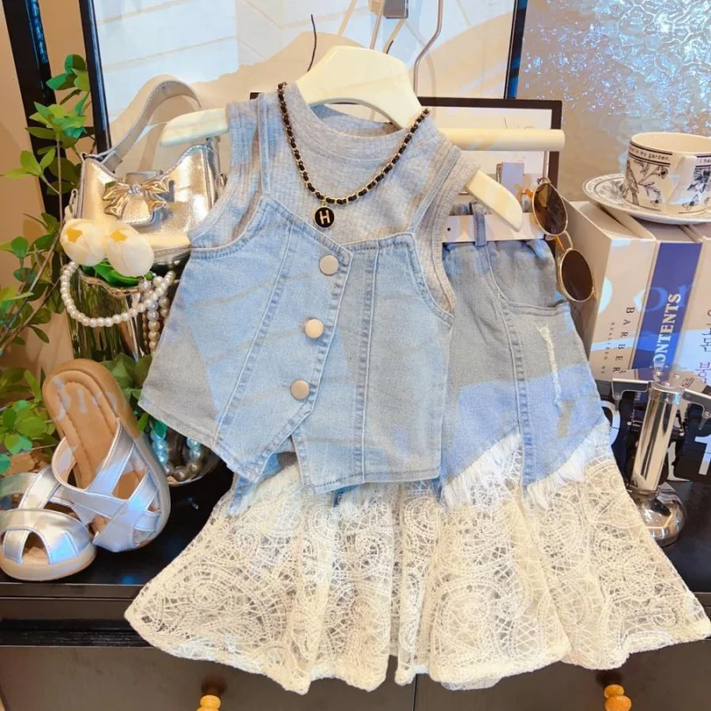 

Children's Suit2025Summer New Lace Patchwork Denim Skirt Girls High Waist Irregular Denim Three-Piece Set