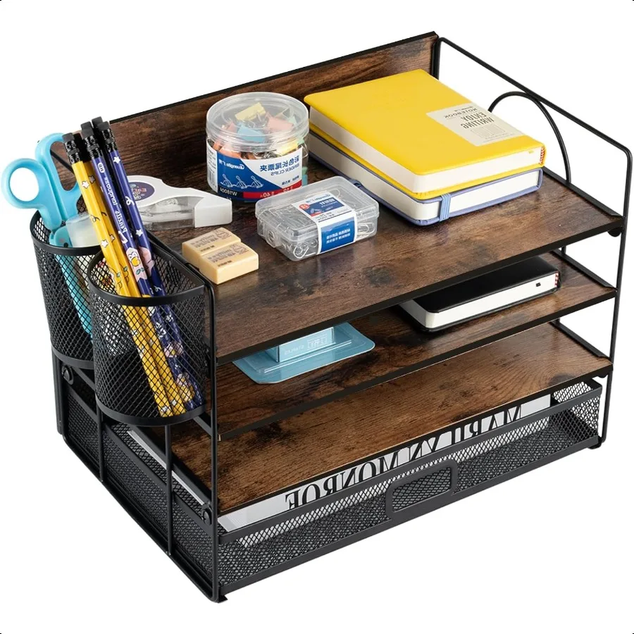 

4 Tier Desk Organizers and Accories Paper Letter Tray Organizer Wood Desk File Organizer with Drawer and 2 Pen Holders for Sch