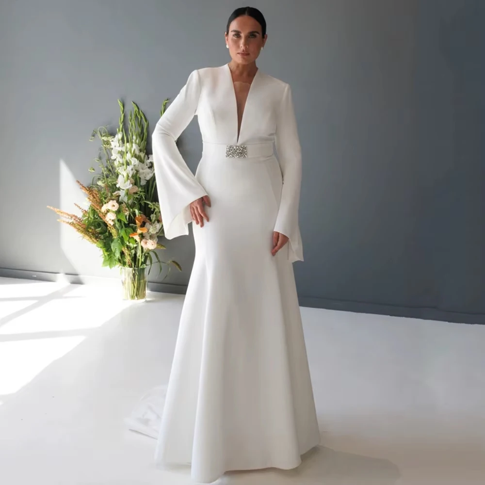 

Customized Wedding Dress Plus Size Long Sleeves V Neck Stones Belt Sweep Train Modern Mermaid Bridal Gown Vestido Bridal Gown