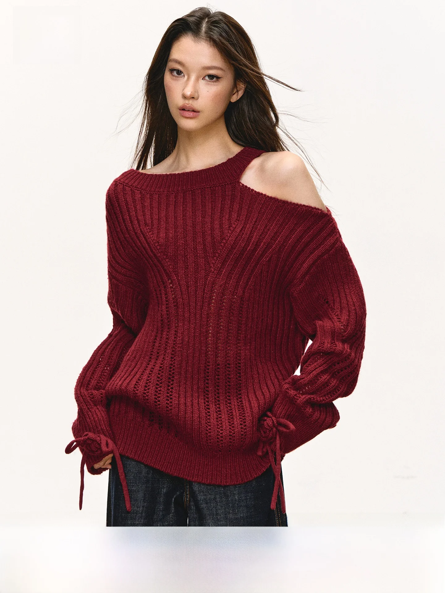 

Anna Aneae красный свитер с открытыми плечами, женский осенне-зимний свободный вязаный топ с запахом Ne Long Sve round Ne цельный теплый