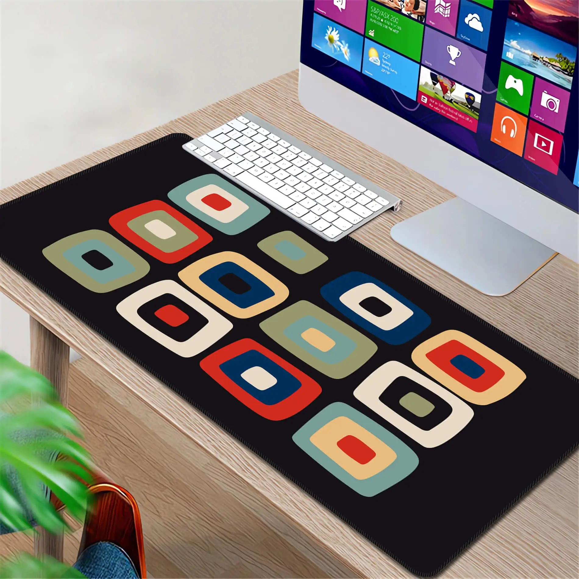 Mid Century Modern Style Shapes Geometric Abstract Mouse Pad, Vintage Colors Office Mat, Retrowave Keyboard Computer Mat