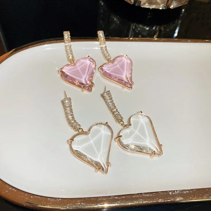 

FYUAN Korean Style Zircon Crystal Drop Earrings Pink Transparent Heart Earrings Women Girls Jewelry Gifts