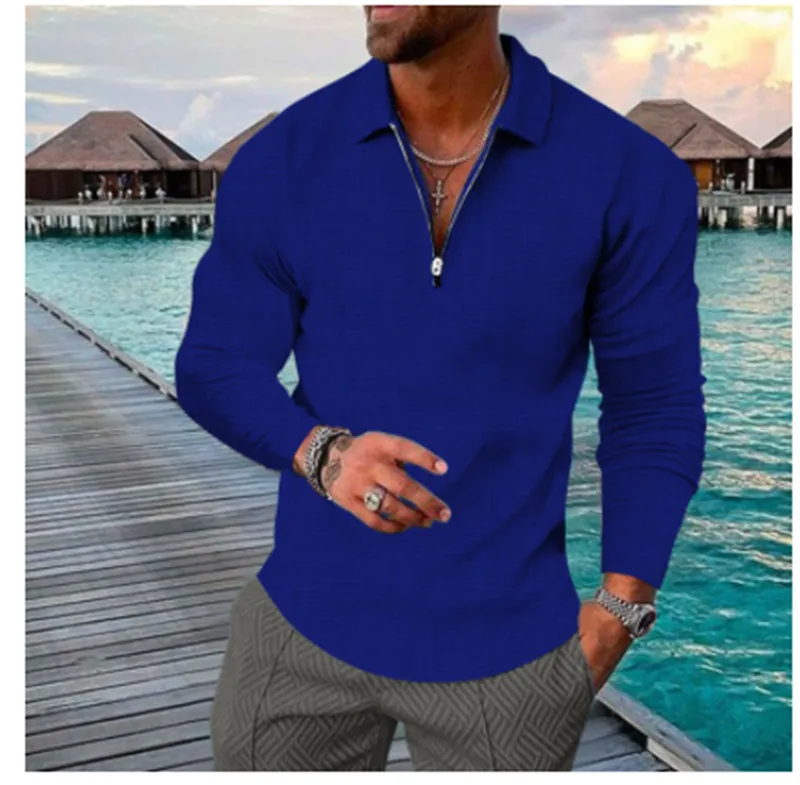 Men\'s new spring and autumn large size long sleeve lapel zipper high-grade casual shirt POLO shirt