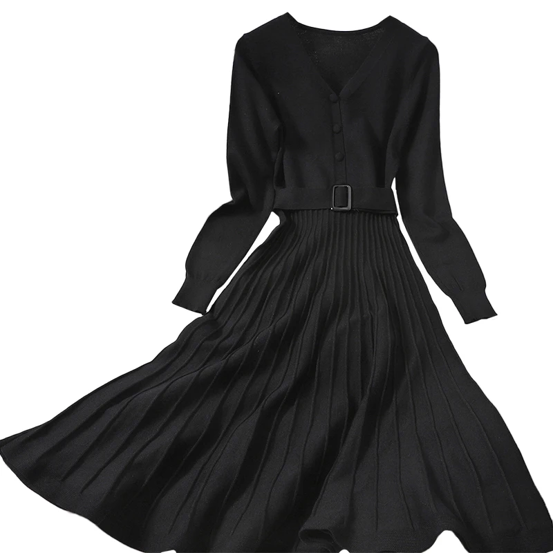 2025 新しいニット女性ボディコンパーティードレス長袖プリーツ固体ストレッチドレスオフィスレディスリム A ライン Vestido ベルト