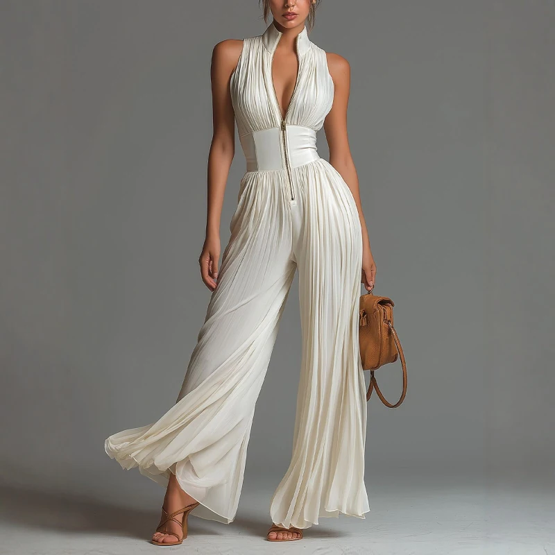 Eleganter Chiffon-Jumpsuit für Damen, ärmellos, hohe Taille, plissiert, weit geschnitten, einteiliger Overall, Freizeitkleidung, Streetwear, Romper
