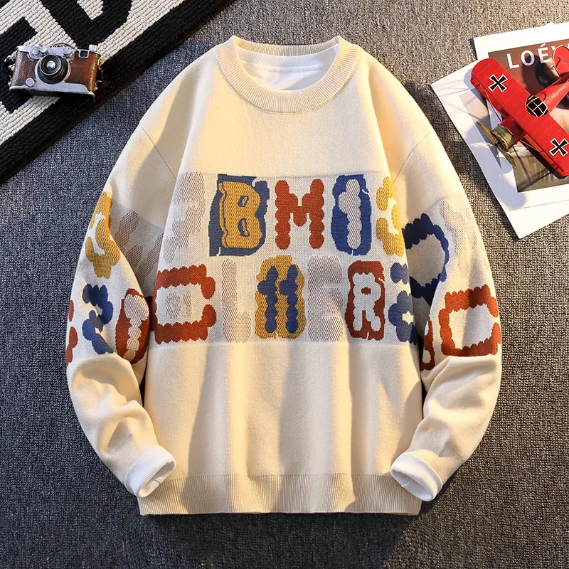 

Men's Clothing Pullover Lantern Long Sleeve Letter Printing Contrast Color Casual Autumn Winter Crew Neck Sweater Knitted Tops