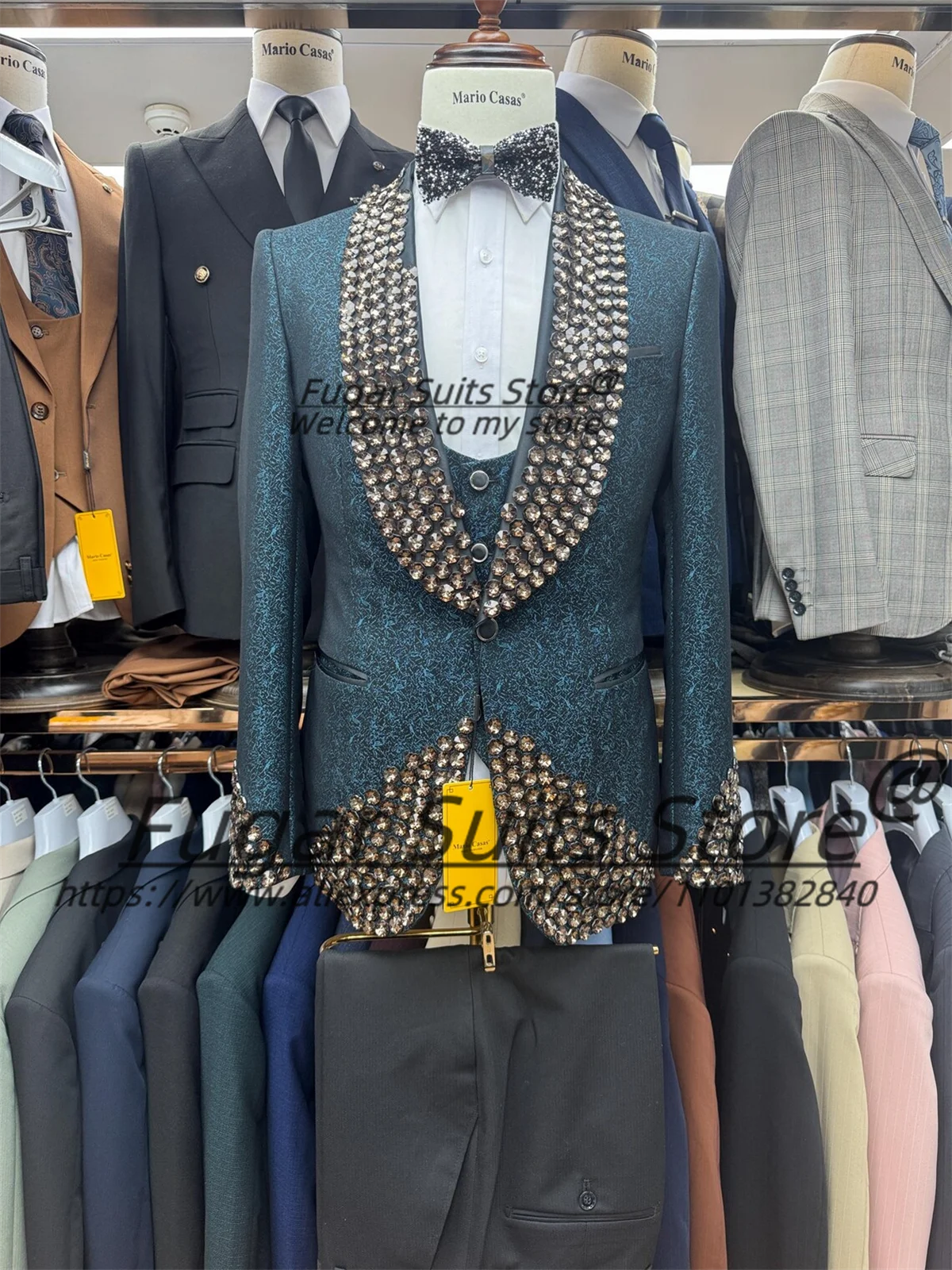

Handmade Jacquard Gemstones Embroidery Men Suits Luxuly Slim Fit Shawl Lapel Groom Wedding Tuxedos 3 Pcs Sets Male Prom Blazers
