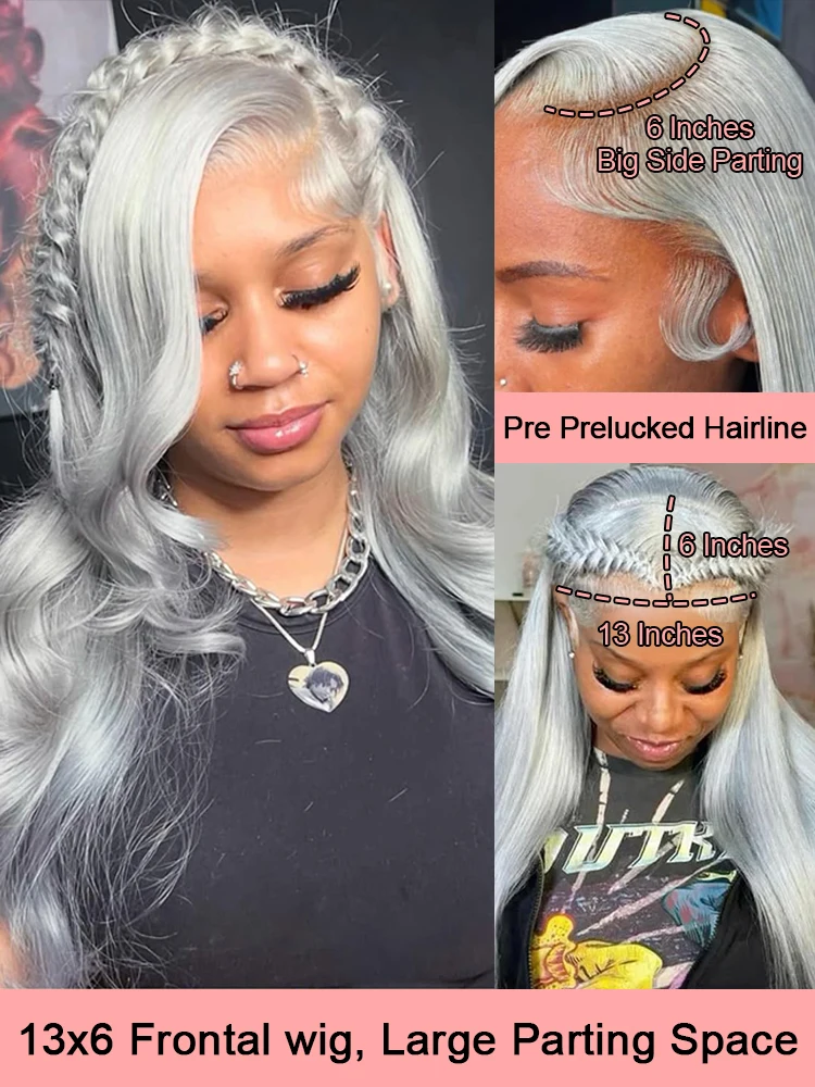 13x6 فضي رمادي اللون الجسم موجة الدانتيل الجبهة الباروكات 100% شعر الإنسان قبل قطعها 13x4 الدانتيل أمامي باروكة من شعر طبيعي البرازيلي 36 بوصة