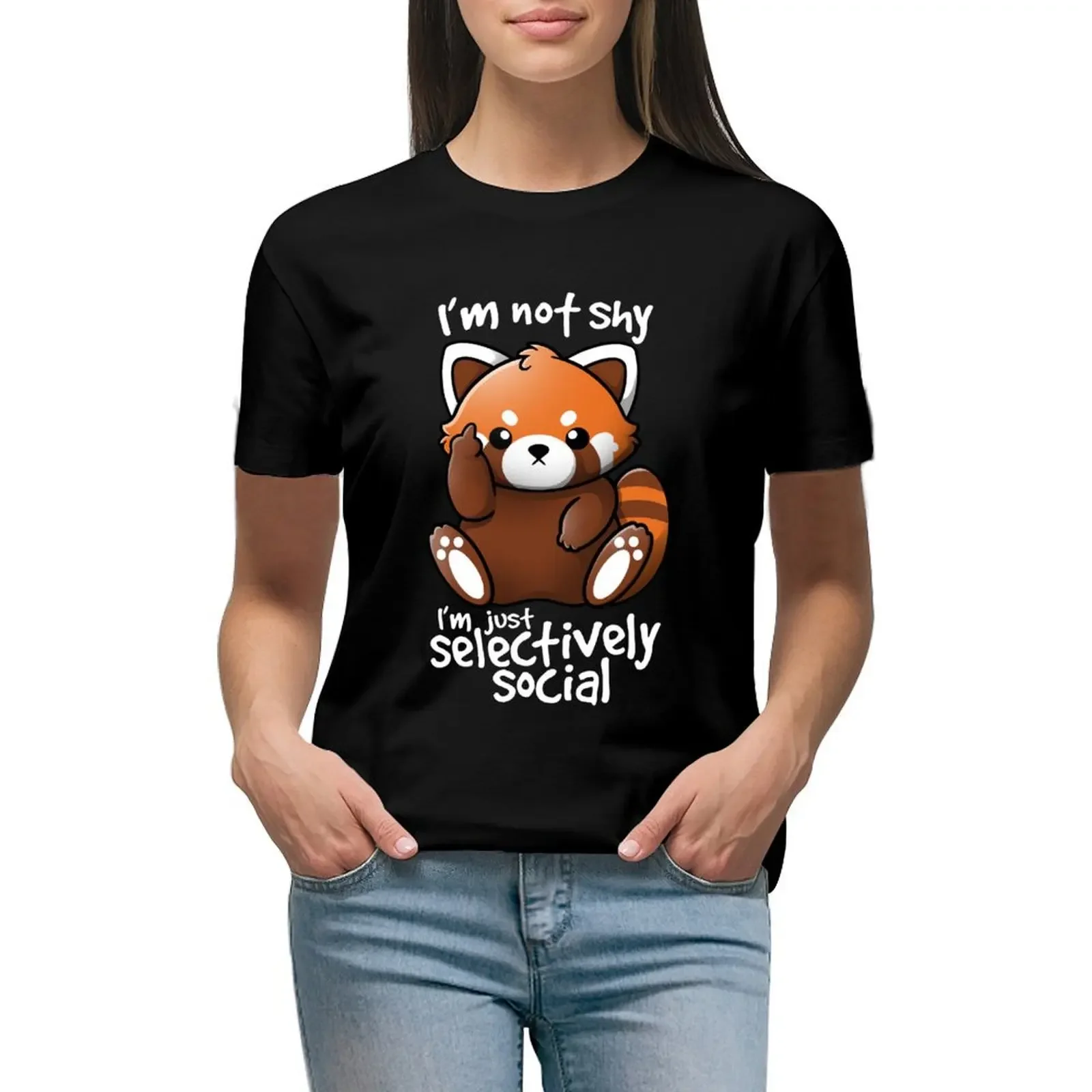 

Shy red panda T-Shirt customs design your own customizeds Short sleeve tee Women tops