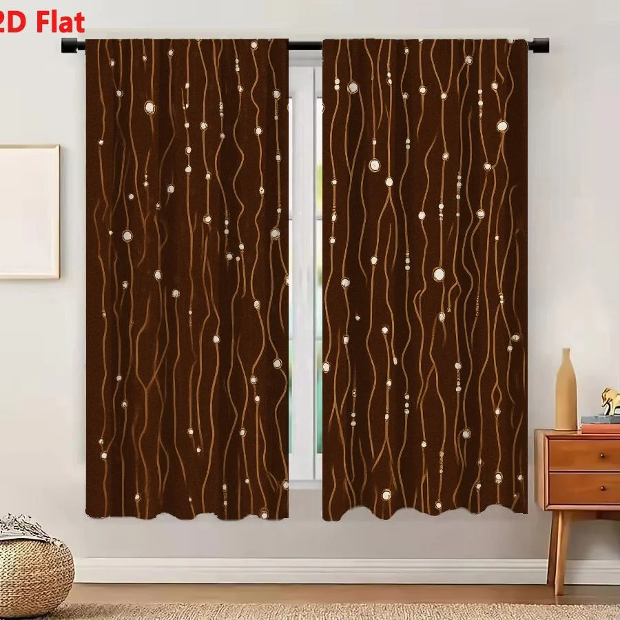 2Pcs Curtains 2D Flat Seamless Vertical Pattern With Wavy Tan Lines And Scattered Dots On Dark Brown Background Window Drapes fo
