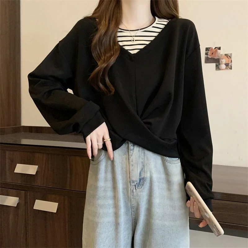 Felpa patchwork irregolare in due pezzi finta Felpa ampia da donna taglie forti Top dimagrante stile corto