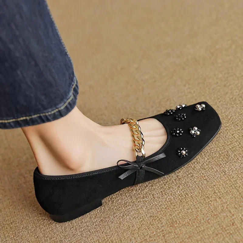 Shoes for Women Slip-on Butterfly-knot Women's Flats 2024 Autumn Sweet Mary Jane Flats Square Toe Chain Decoration Ladies Shoes