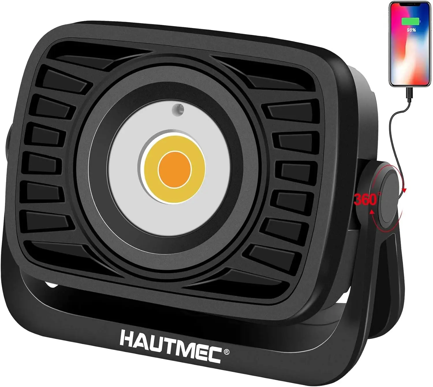 HAUTMEC Rechargeable Work Light, 360°Rotating COB 1500LM Portable Flood Light with Magnetic Base and Pothook, Waterproof Power B