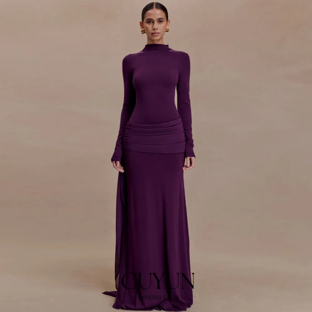 

CUYUN Deep Purple High Collar Long Sleeves Women Maxi Dresses Customized Simple Elegant Casual Evening Gown