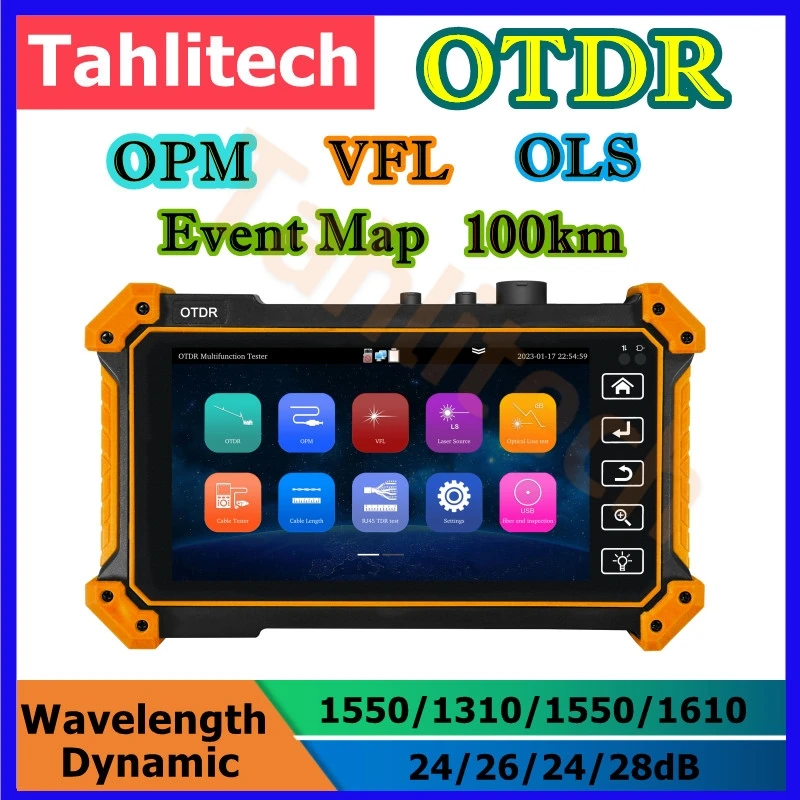 OTDR 1310nm 1550nm 1610nm 100KM 24/26/28dB Optic Fiber Reflector with PDF report OPM VFL laser source RJ45 tester