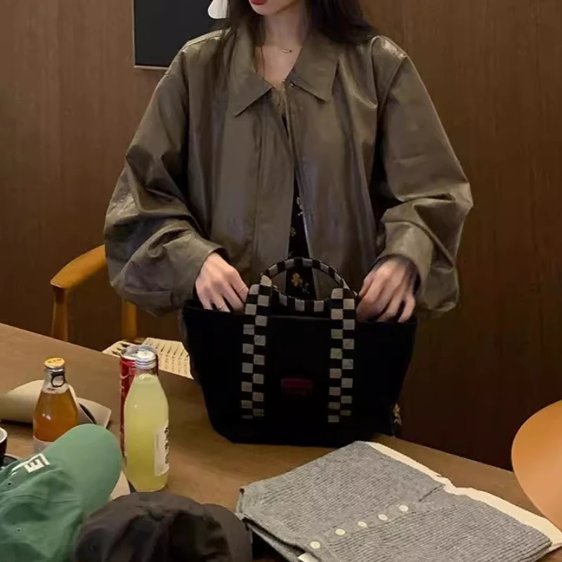 Fall 2025 New Korean Zipper Top, Vintage Brown Bomber Jacket, Imitation Leather Jacket, Versatile Jacket, Women's Clothing