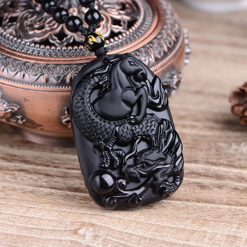 Natural crystal obsidian pendant, obsidian dragon horse spirit pendant for women, obsidian sweater chain.