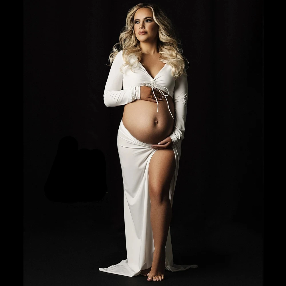 

Maternity Photo Shoot Dress Sexy Thigh Split Cut Out 2-Piece Set Elastic Pregnancy Dresses Photography For Pregnant Women Gowns