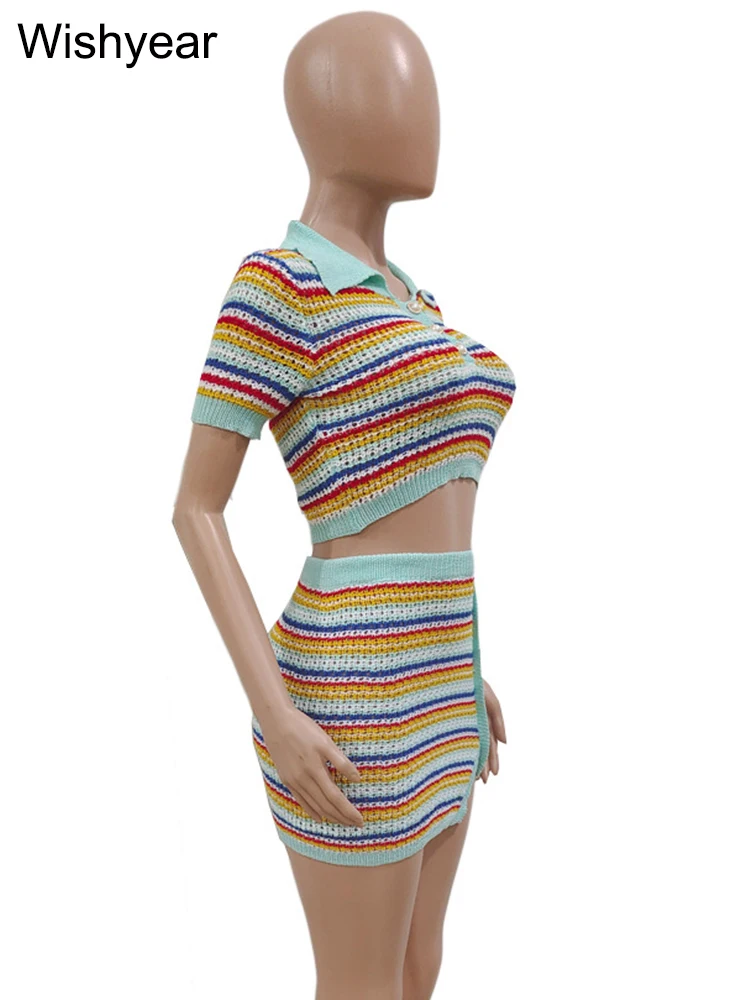 Knitted Stripe Two 2 Piece Dress Set Women Short Sleeve Crop Top and Mini Split Skirts Outfit Sexy Night Clubwear Suit Birthday