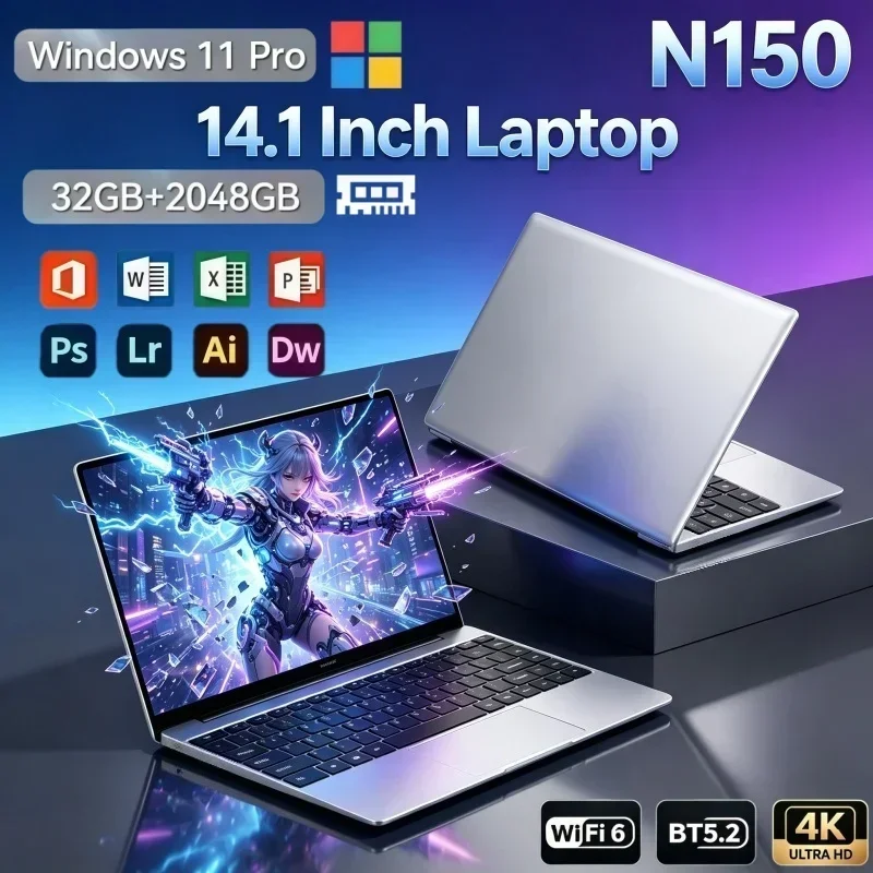 14.1 Inch Portable Laptop Windows 11 Intel N150 32GB RAM 2TB SSD Ultra Thin Notebook For Office Document Processing Study