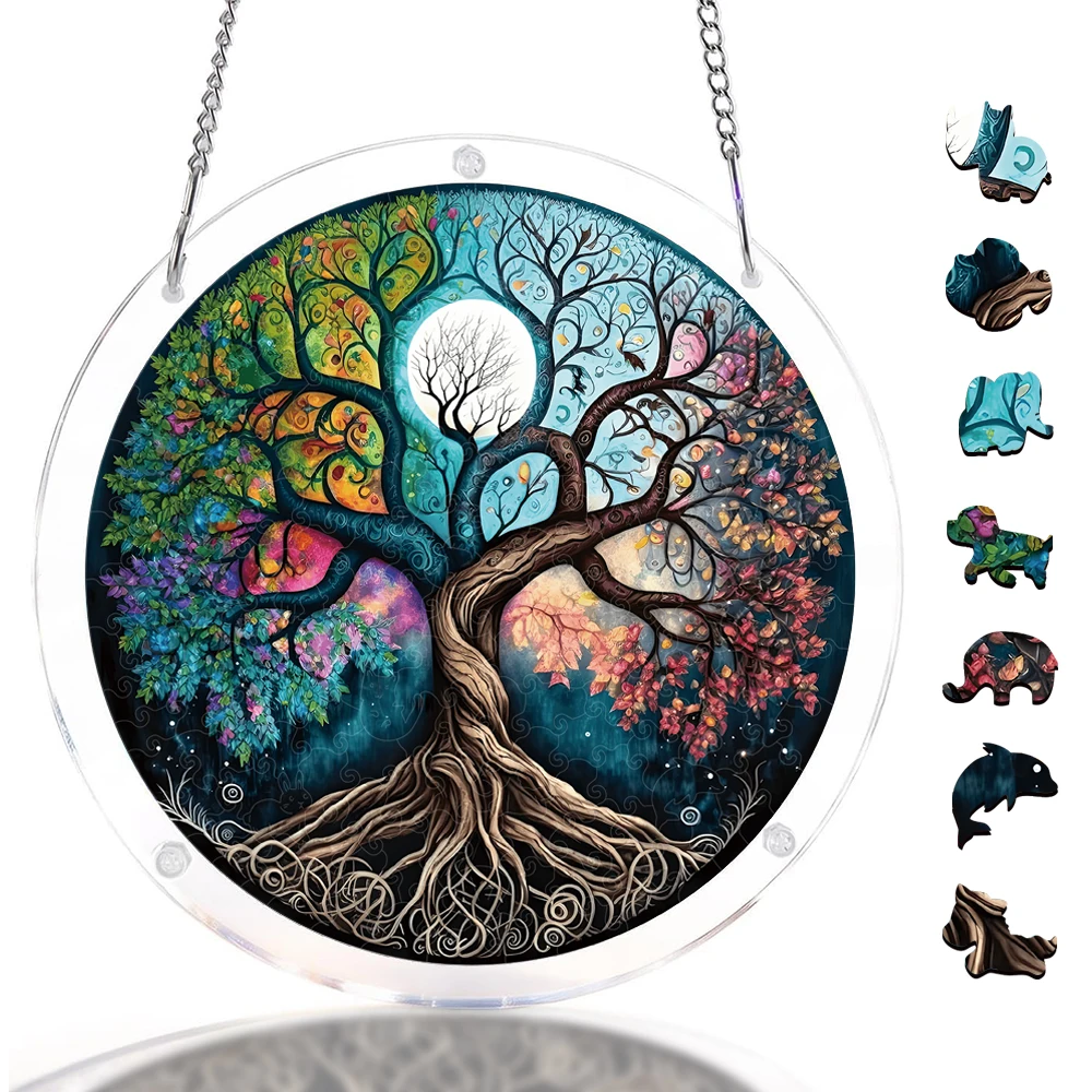 Acrylic Puzzles Suncatcher Window Hanging, Colorful Sacred Tree Catchers Stained Glass Style DIY Jigsaw Puzzle Kit